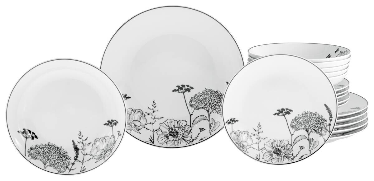 CreaTable Tafelservice Luna Black Flower weiß Porzellan 18 tlg.