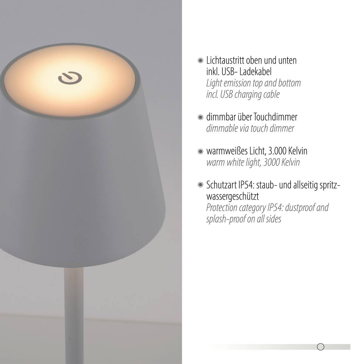 Just Light Akku-Tischleuchte EURIA weiß Metall Kunststoff B/H/D: ca. 11x37x11 cm 1 Brennstellen