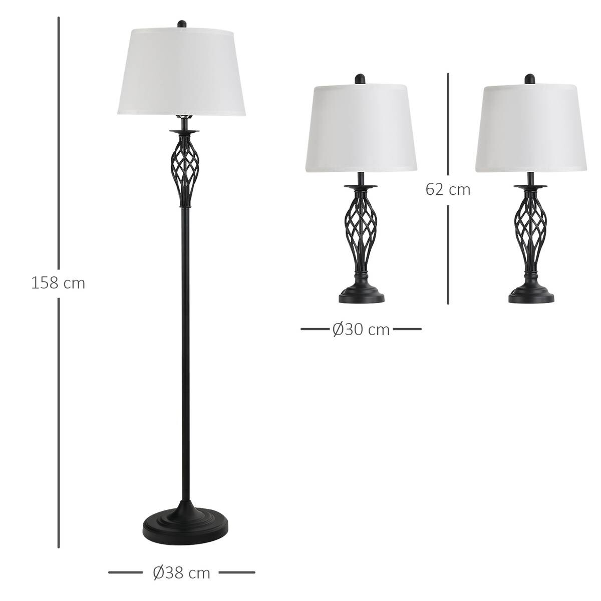 HOMCOM Stehlampe inkl. 2 Tischleuchten B31-179 schwarz weiß Metall Polyester-Mischgewebe Stoff B/H/L: ca. 38x158x38 cm E27 3 Brennstellen