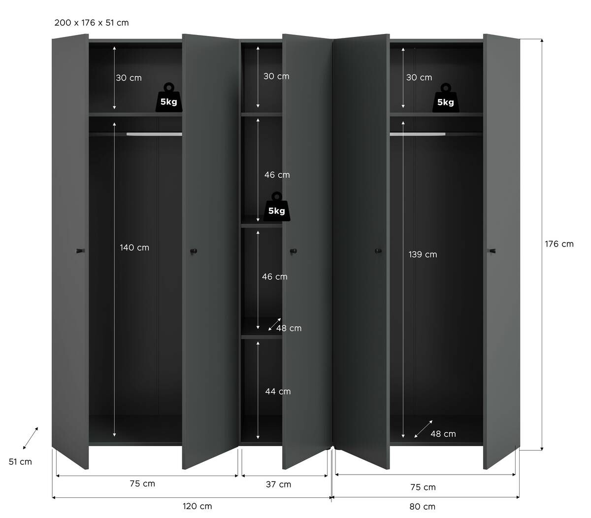 Kleiderschrank DARWIN anthrazit B/H/T: ca. 200x176x51 cm