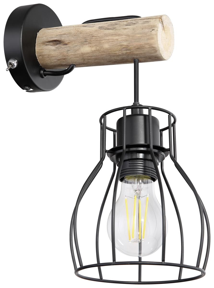 GLOBO Wandleuchte Mina schwarz natur Metall Echtholz B/H/L: ca. 14x30x18 cm E27 1 Brennstellen