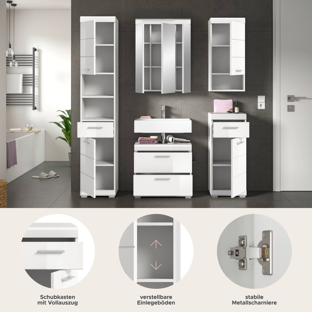 Badezimmer-Set Scout weiß weiß Hochglanz B/H/T: ca. 164x191x37 cm