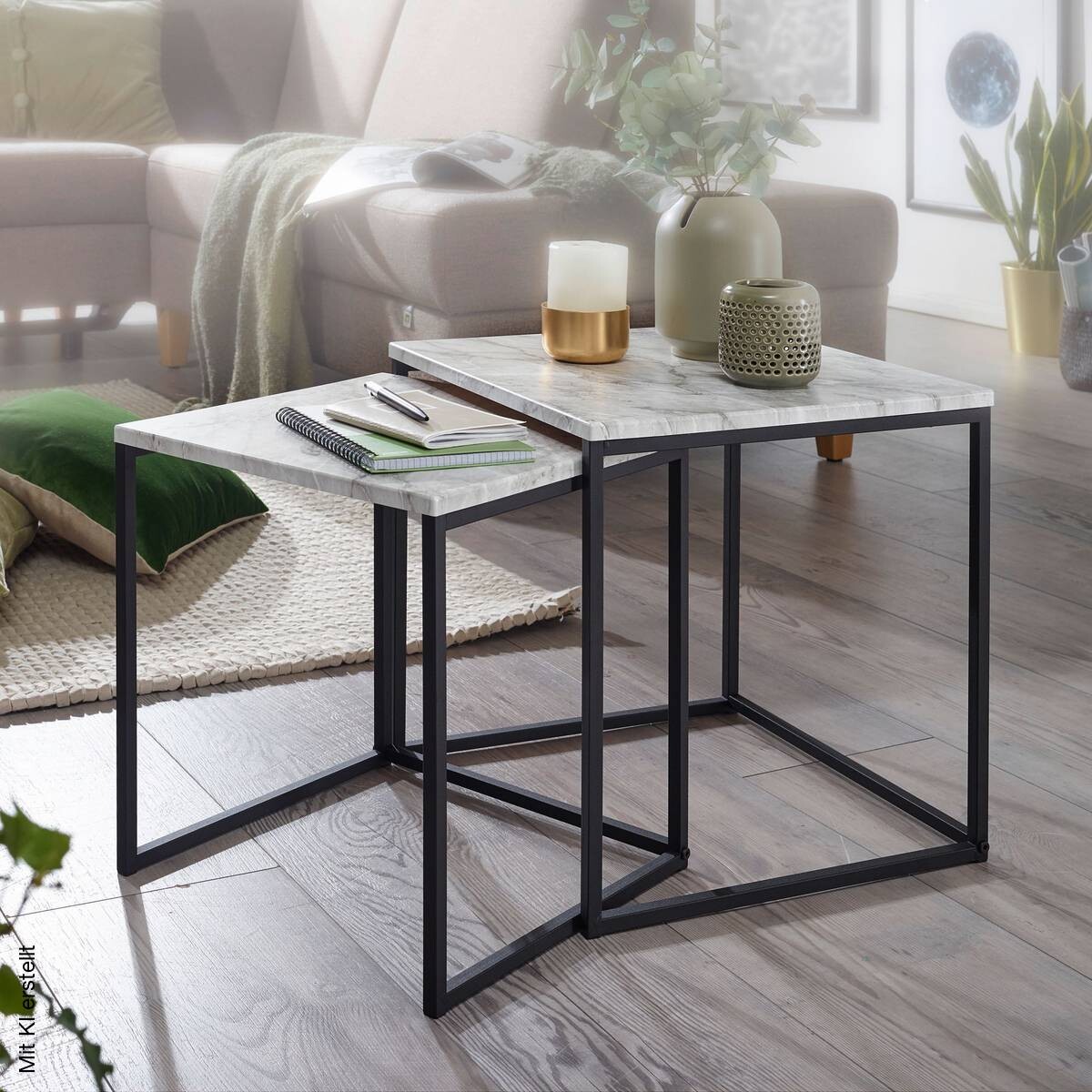 Beistelltisch 2er-Set. weiß Marmor Optik schwarz pulverbeschichtet MDF Stahl