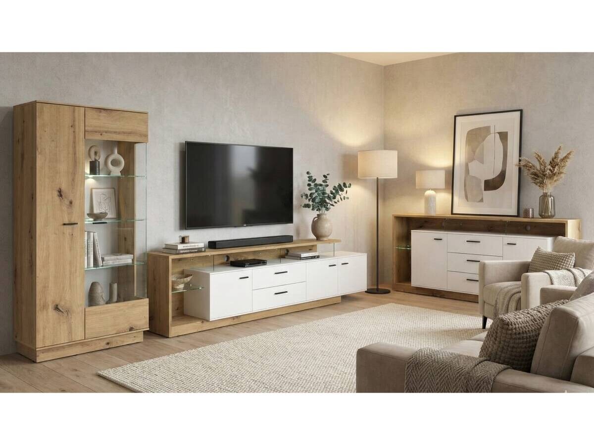 TV-Lowboard Covelo Eiche Artisan Oak Nachbildung weiß B/H/T: ca. 236x66x40 cm