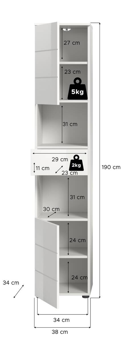 Badhochschrank VIRA weiß weiß Hochglanz B/H/T: ca. 38x190x34 cm
