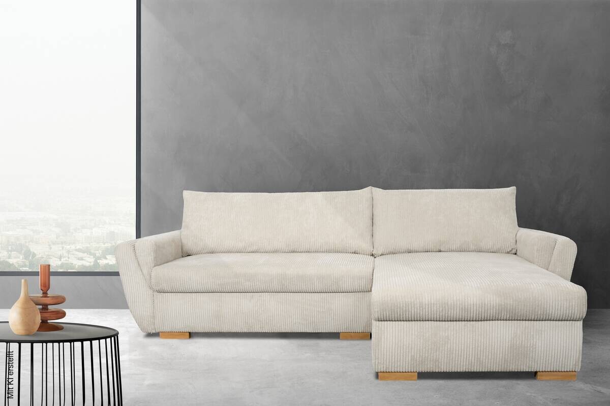 Ecksofa mit Bettfunktion und Bettkasten beige Velourstoff B/H/T: ca. 229x86x167 cm