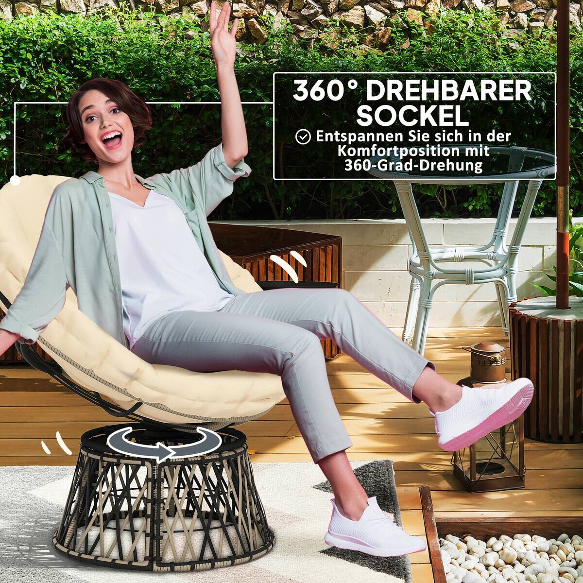 Outsunny Rattan Papasansessel beige Polyethylen B/H/L: ca. 76x88x118 cm
