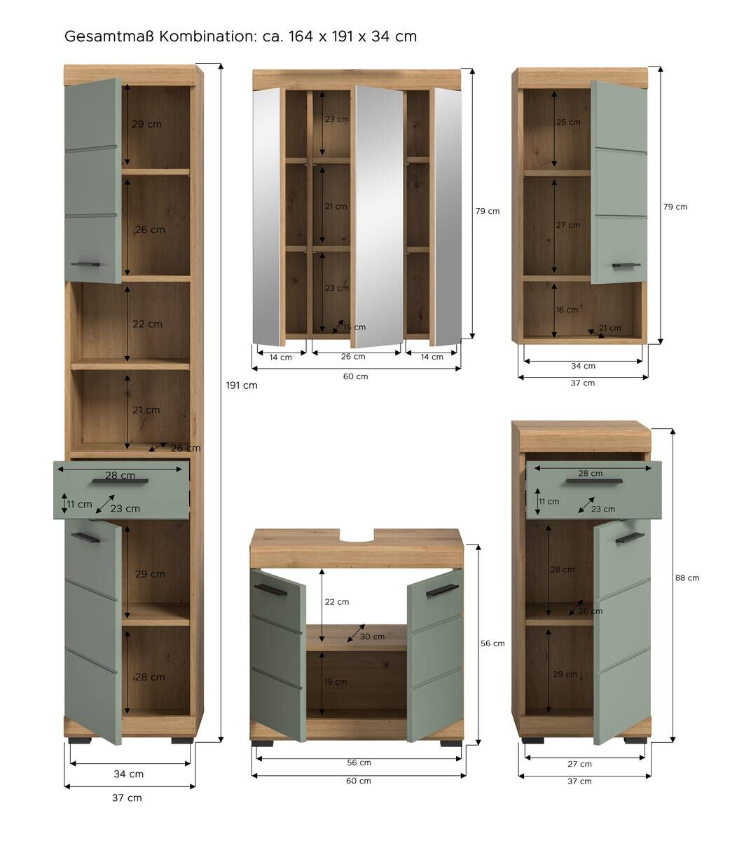 Badezimmer-Set Scout Eiche Artisan Nachbildung salbei Nachbildung B/H/T: ca. 164x191x34 cm
