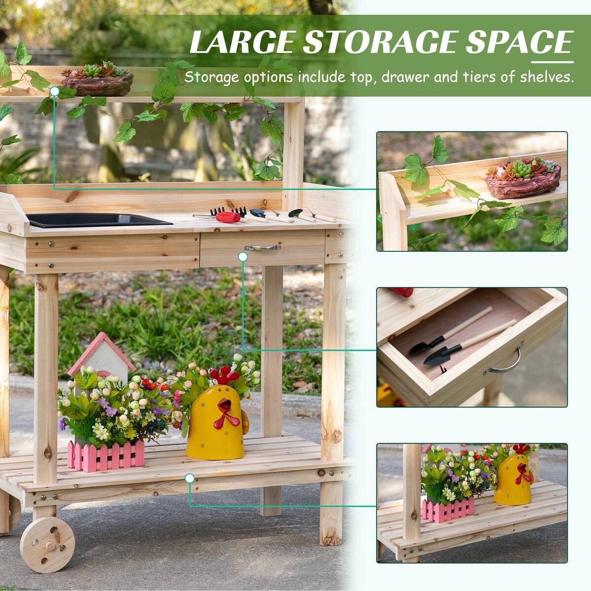 Outsunny Pflanztischmit Rollen natur B/H/L: ca. 45x119x92 cm