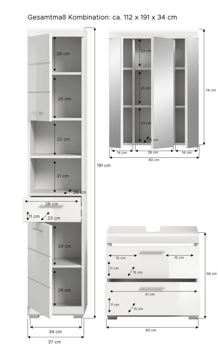 Badezimmer-Set Scout weiß weiß Hochglanz B/H/T: ca. 112x191x37 cm