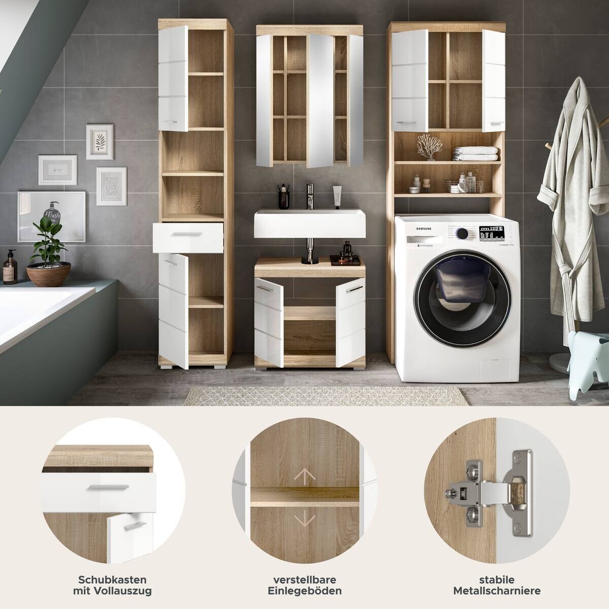Badezimmer-Set Lambada Eiche Sonoma Nachbildung weiß Hochglanz B/H/T: ca. 190x191x34 cm