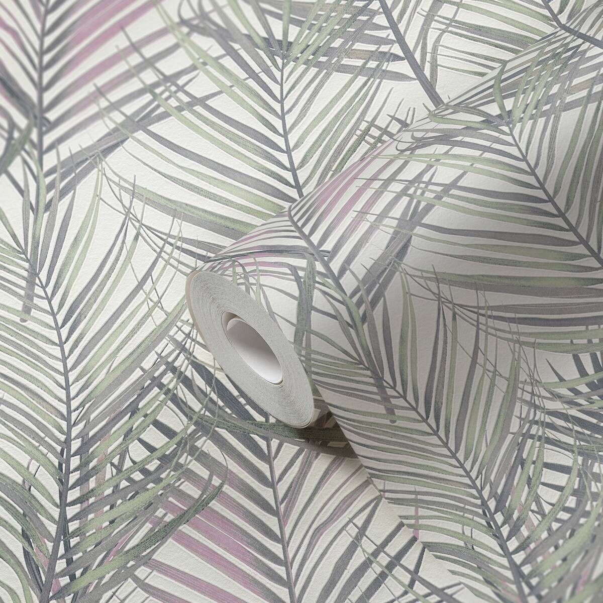 Vliestapete Palmenblätter grün rosa B/L: ca. 53x1005 cm