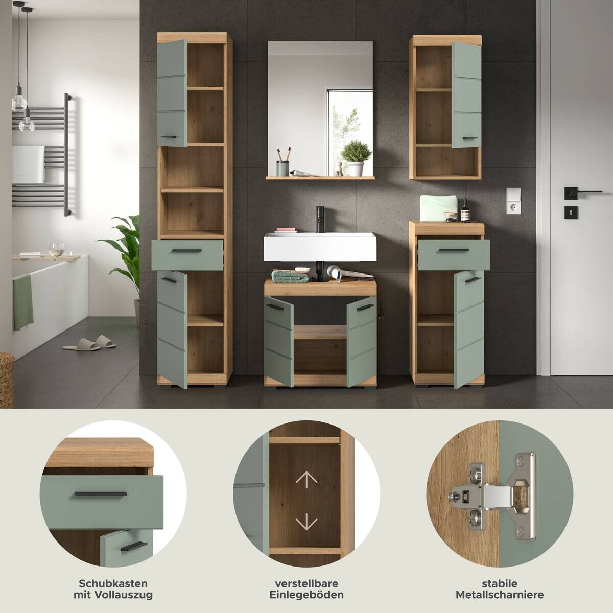 Badezimmer-Set Scout Eiche Artisan Nachbildung salbei Nachbildung B/H/T: ca. 164x191x34 cm