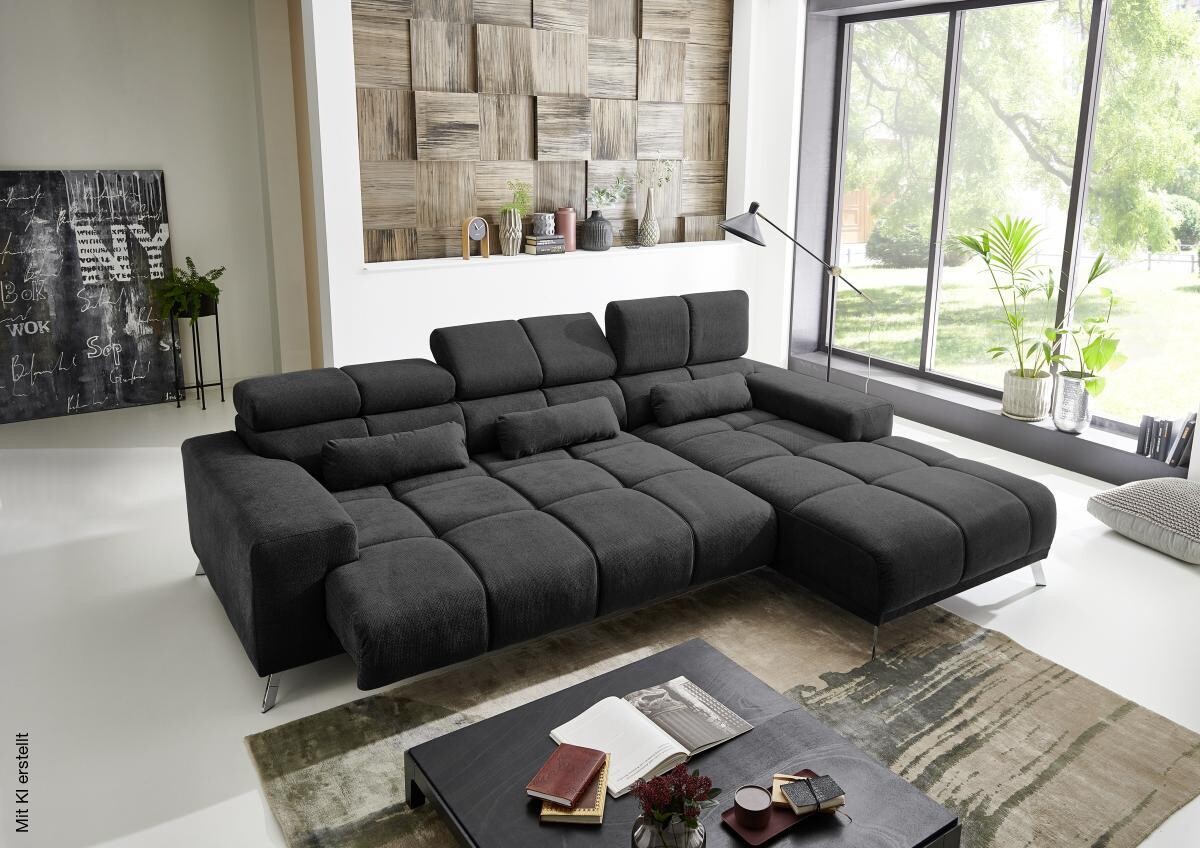 Ecksofa mit elektrischer Sitztiefenverstellung schwarz Flachgewebe B/H/T: ca. 285x99x201 cm