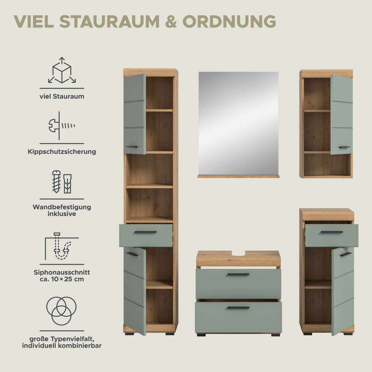 Badezimmer-Set Scout Eiche Artisan Nachbildung salbei Nachbildung B/H/T: ca. 164x191x37 cm