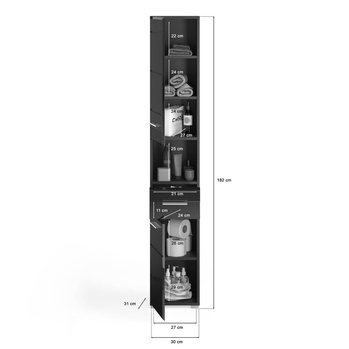 Badhochschrank LINUS schwarz schwarz Hochglanz B/H/T: ca. 30x182x31 cm