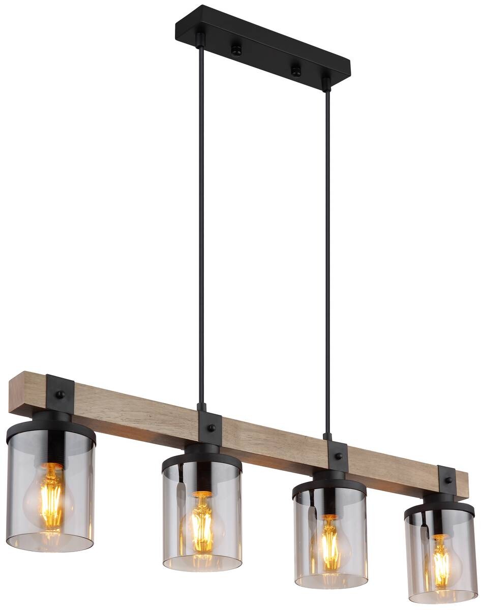 GLOBO Pendelleuchte 15555-4H schwarz natur Rauch Holz Metall Rauchglas B/H/T: ca. 10x133x73 cm E27 4 Brennstellen
