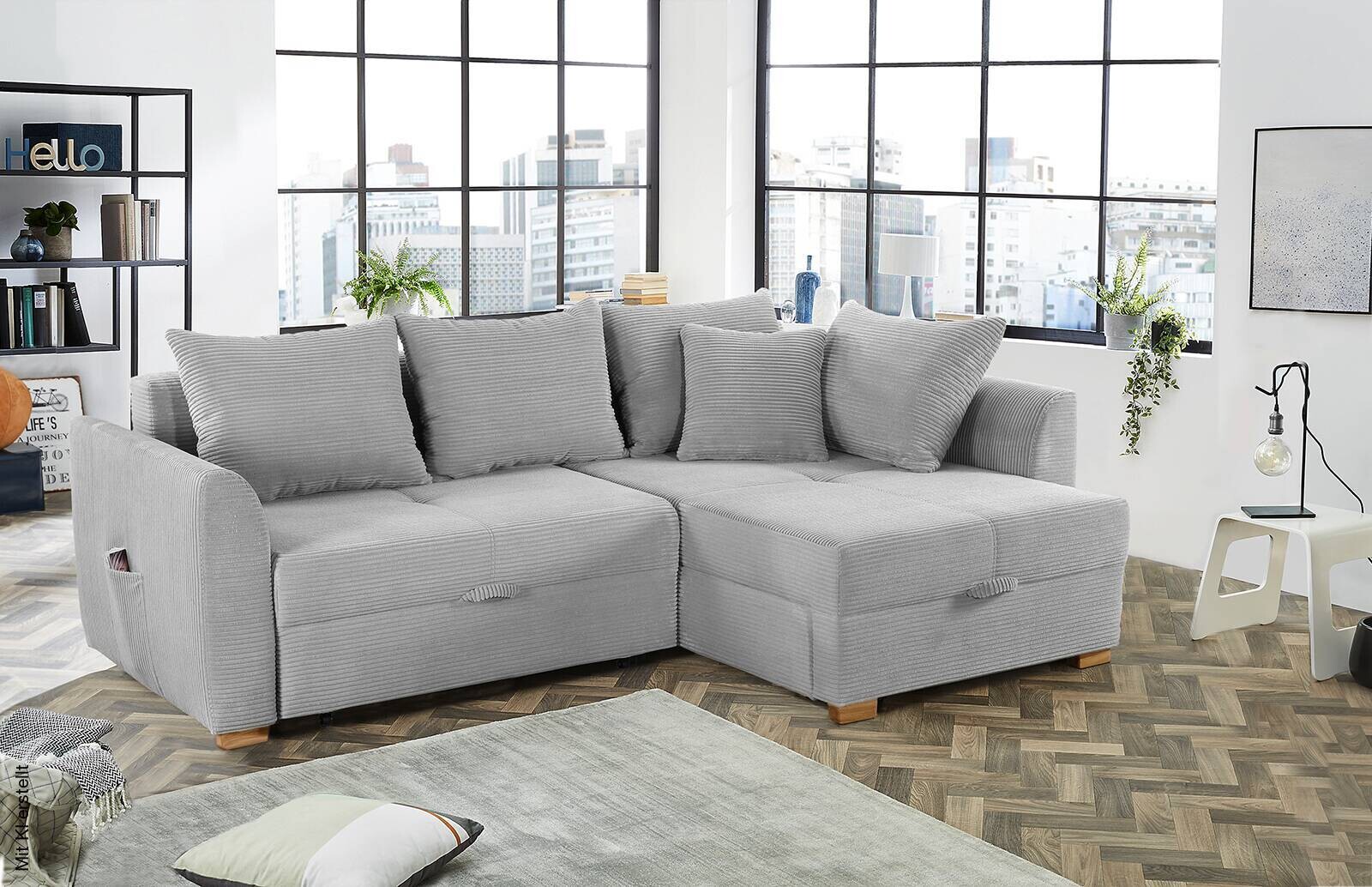 Ecksofa mit Bettfunktion und Bettkasten hellgrau B/H/T: ca. 236x81x160 cm