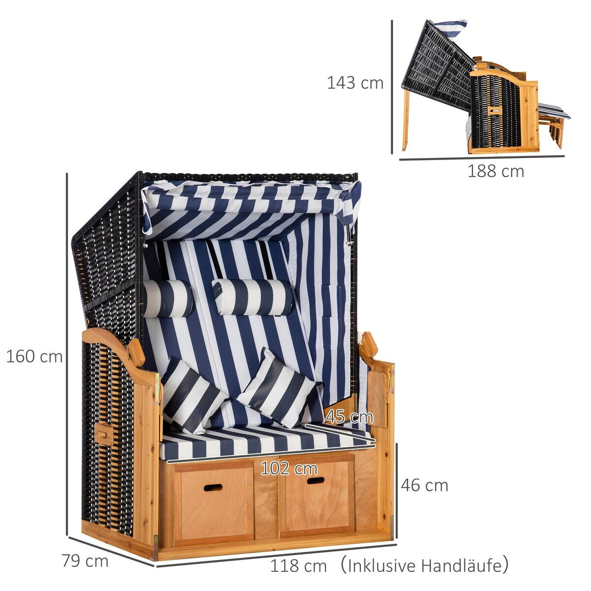 Outsunny Strandkorb blau Holz B/H/L: ca. 79x118x160 cm