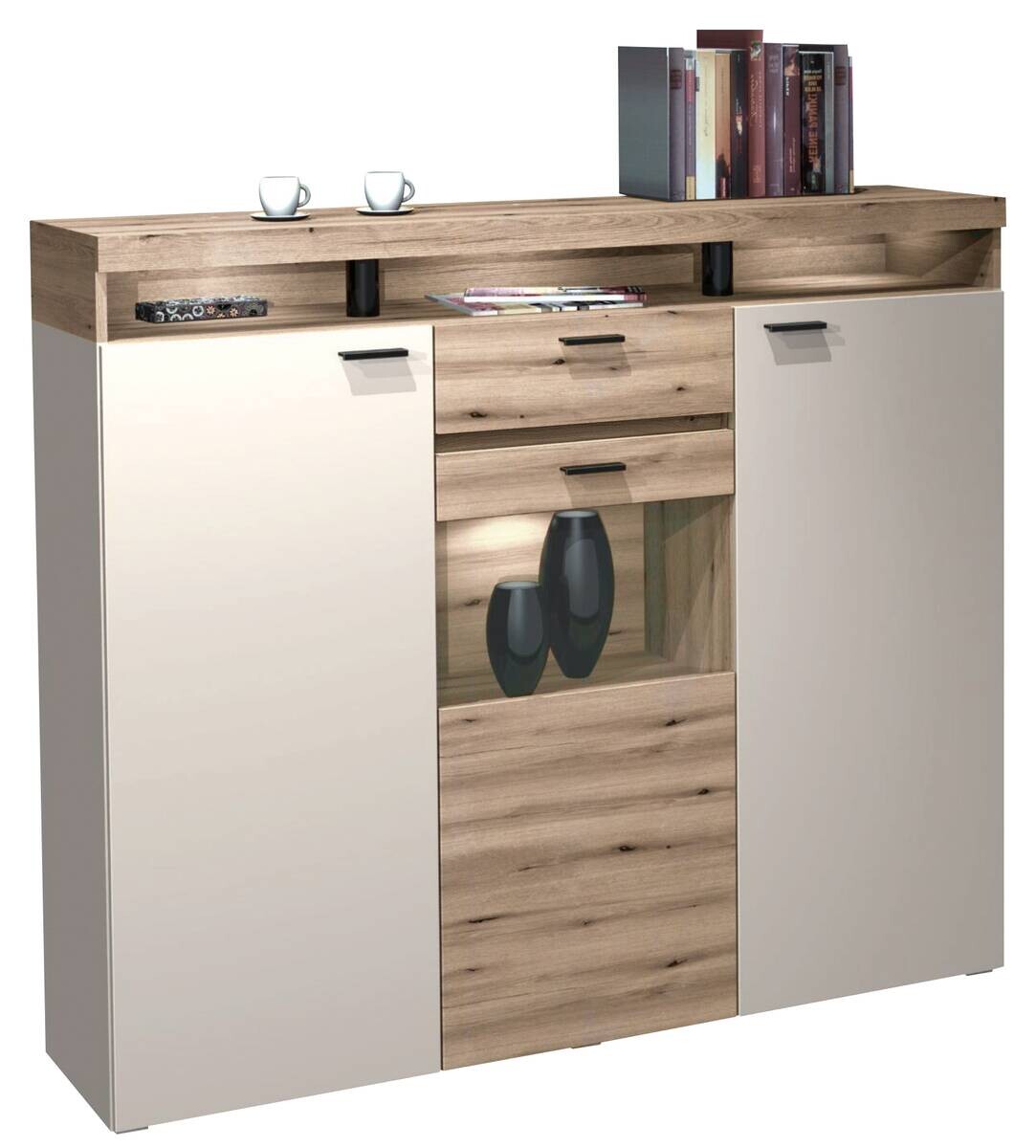 Highboard Strada weiß Eiche Viking Optik Spanplatte B/H/T: ca. 151x129x37 cm