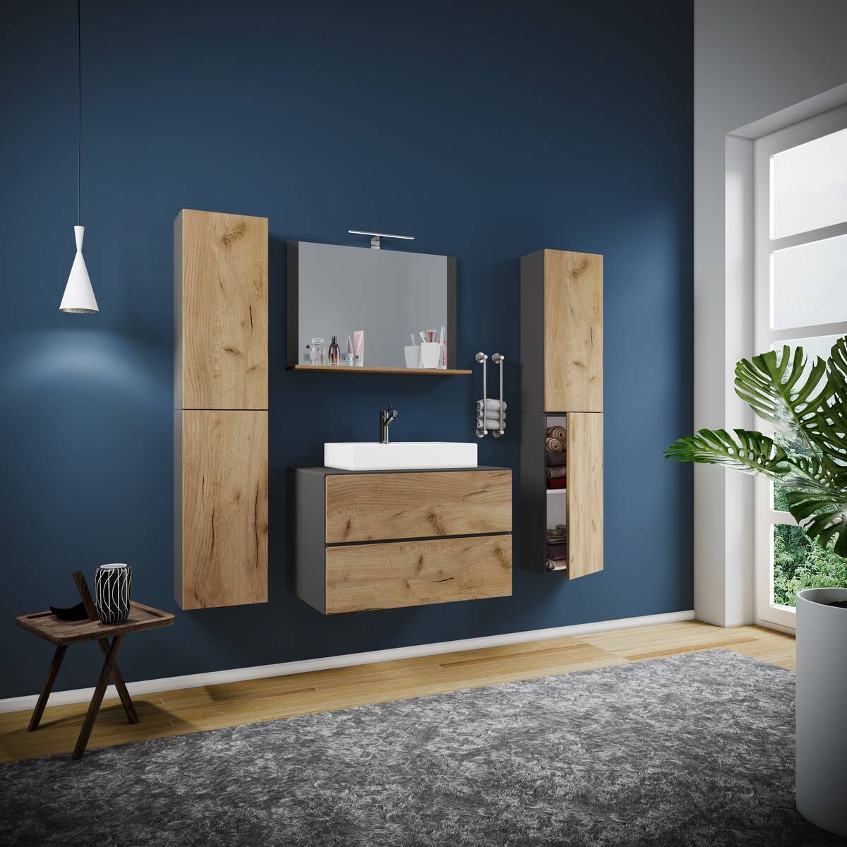 Waschplatz 5tlg-Lendas weiß anthrazit Eiche Honig Nachbildung B/H/T: ca. 60x52x52 cm