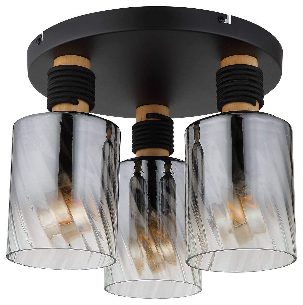 GLOBO Deckenleuchte mattschwarz braun Rauch Holz Metall Glas H/D: ca. 25,4x32 cm E27 3 Brennstellen