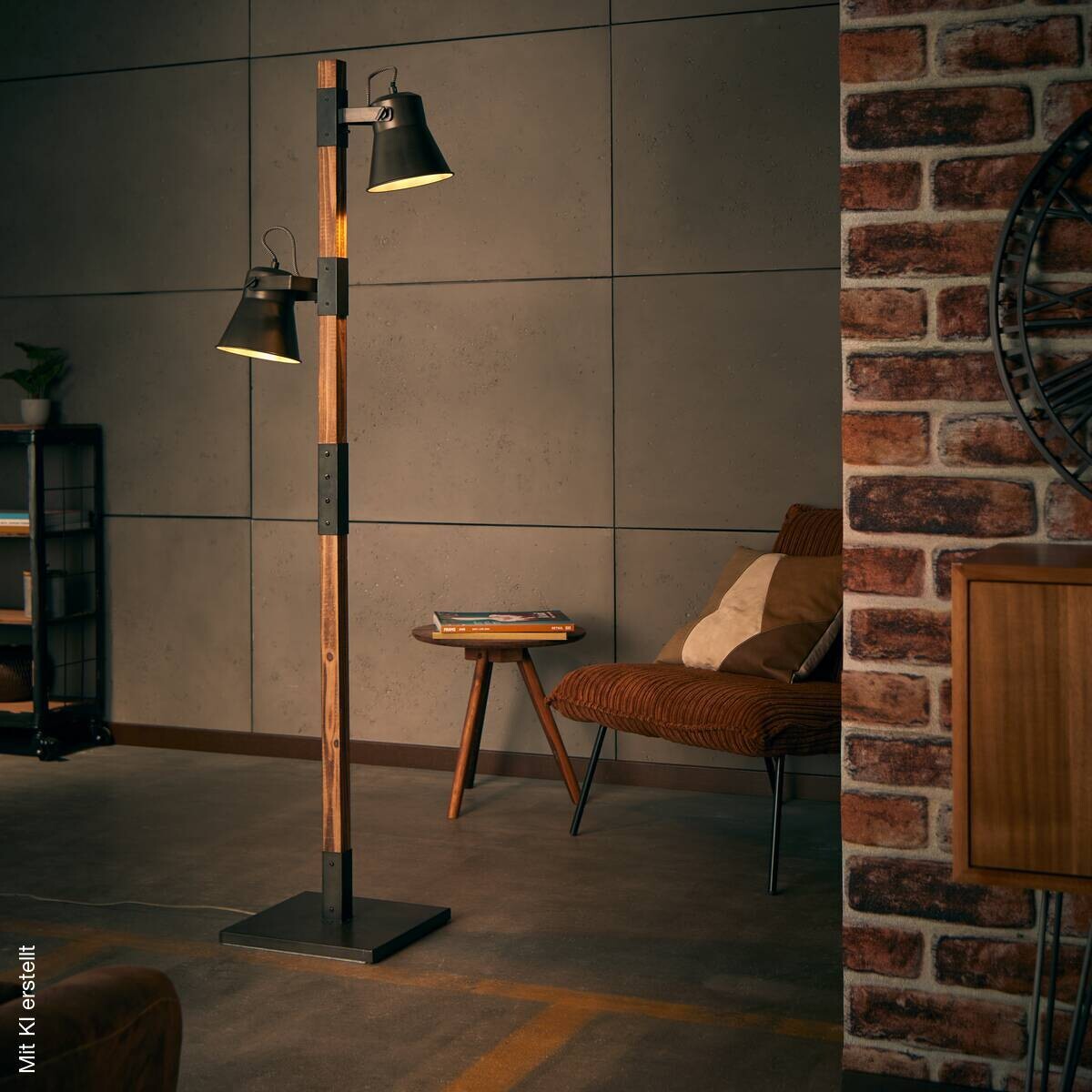 Brilliant Stehlampe Plow schwarz Metall Holz H: ca. 154 cm E27 2 Brennstellen