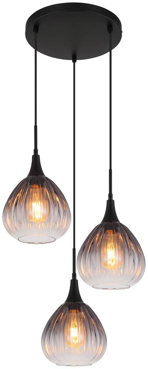 GLOBO Pendelleuchte schwarz Rauch Metall Glas H/D: ca. 120x44 cm E27 3 Brennstellen