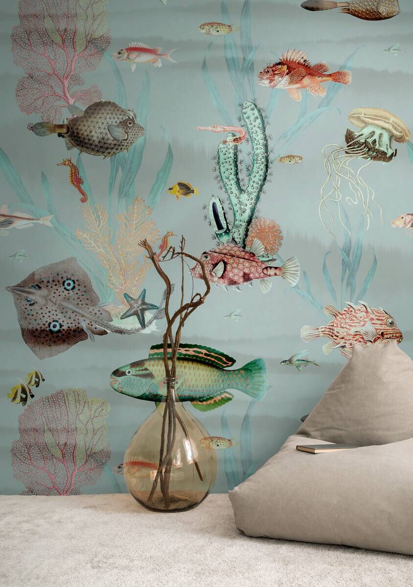 Livingwalls Fototapete Fische blau bunt rosa B/L: ca. 280x159 cm
