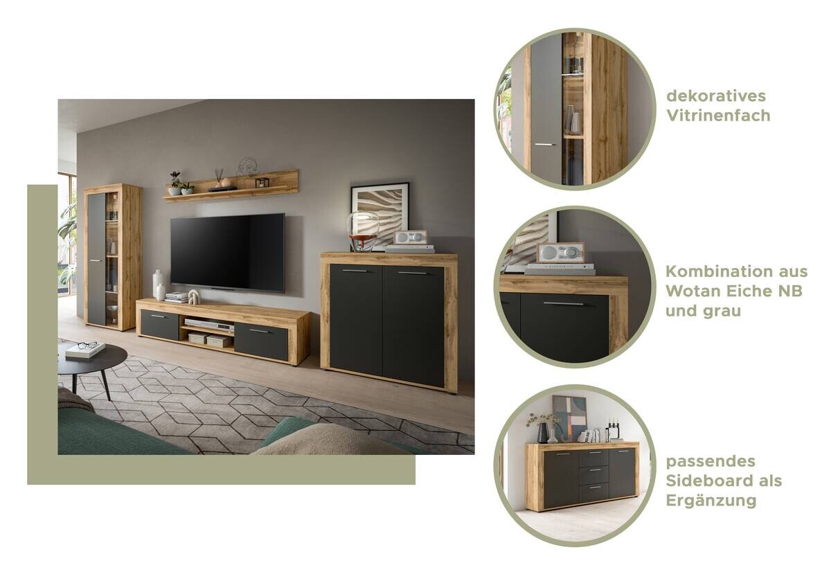 Wohnwand Jam Eiche Wotan Nachbildung grau B/H/T: ca. 255x159x35 cm