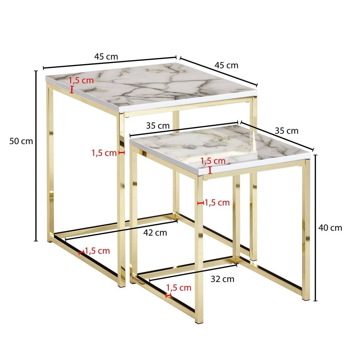 Wohnling Couchtisch 2er-Set. weiß Marmor gold MDF Stahl
