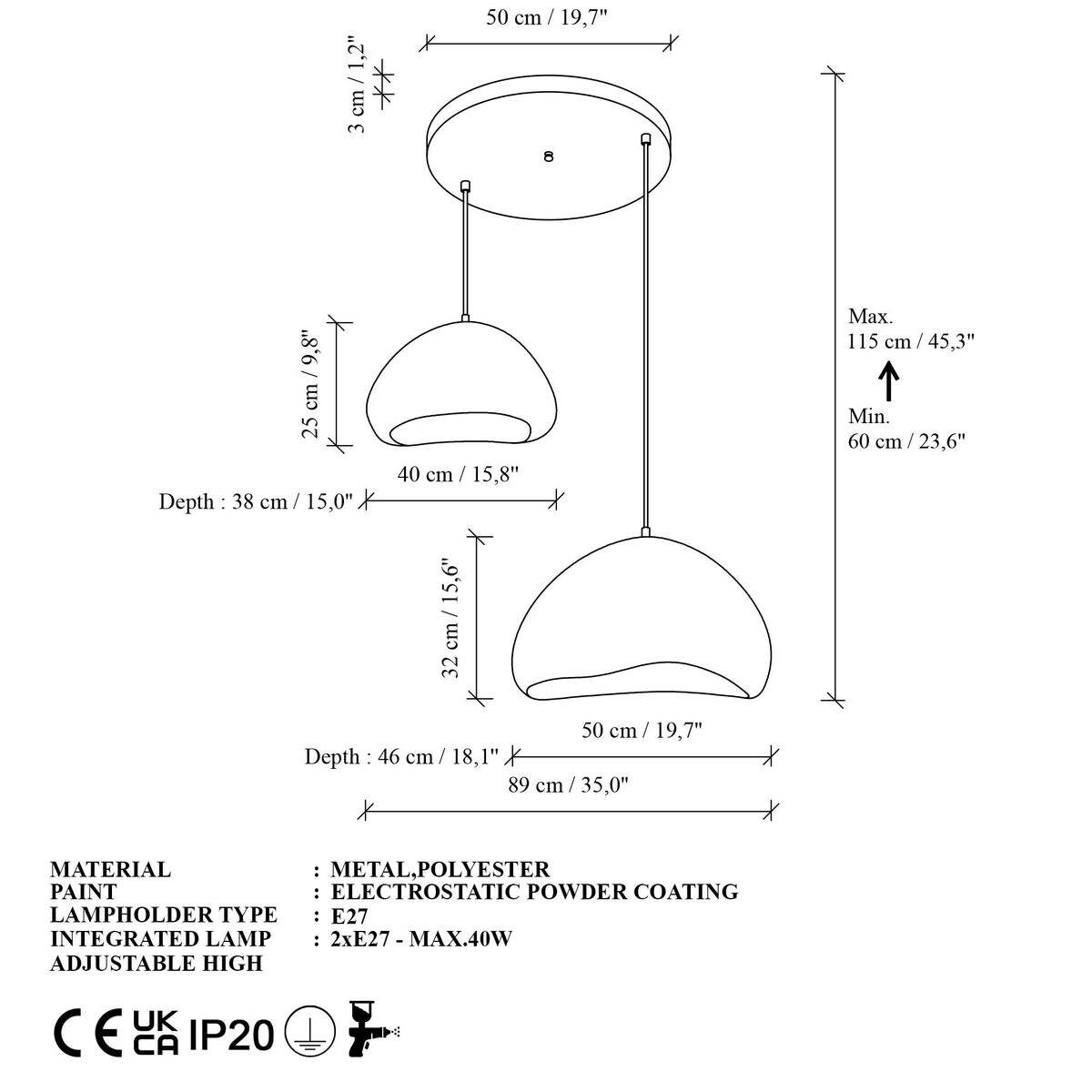 Opviq Pendelleuchte weiß B/H/T: ca. 89x115x89 cm E27 2 Brennstellen