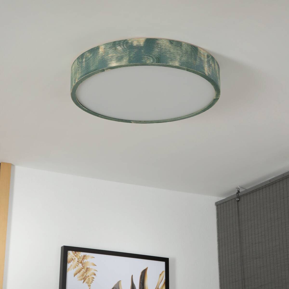 Lamkur Deckenleuchte hellbraun grün Glas Holz B/H/L: ca. 48x48x10 cm 3 Brennstellen