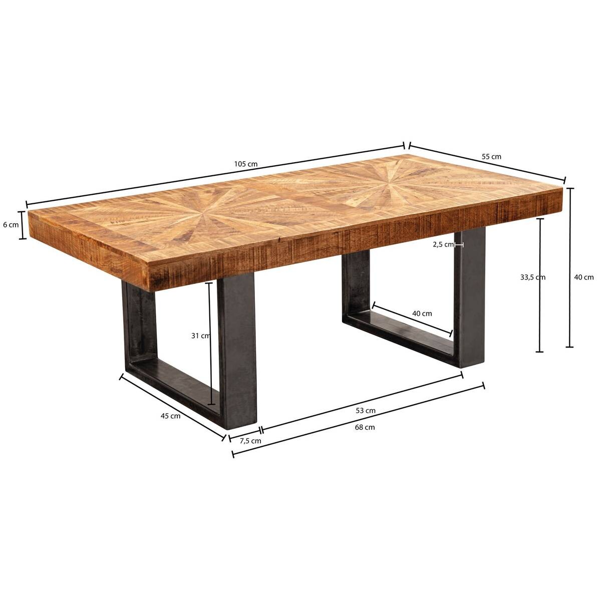 Wohnling Couchtisch natur grau Echtholz Edelstahl B/H/T: ca. 105x40x55 cm