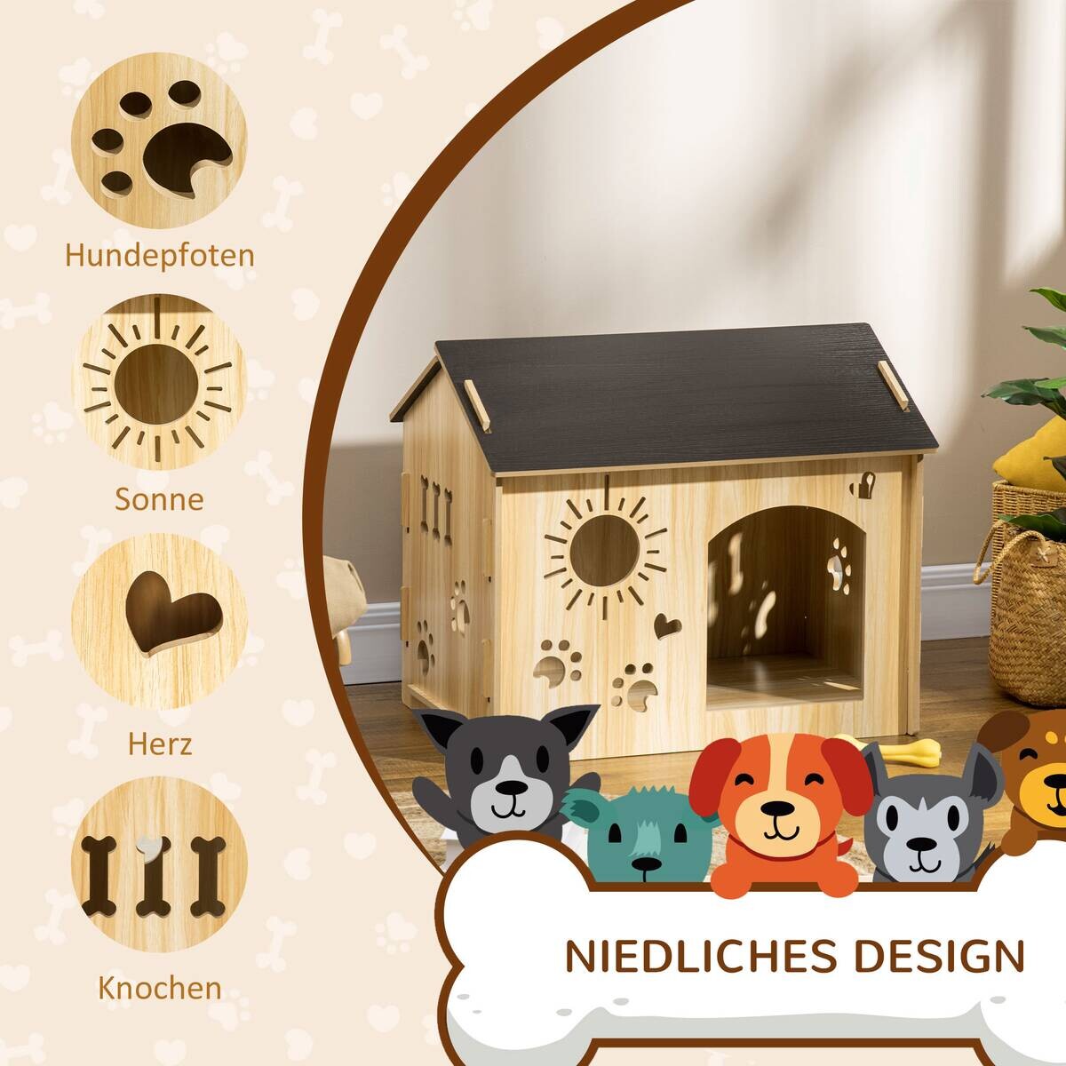 PawHut Hundehütte Eiche MDF B/H/L: ca. 50x58,5x69 cm