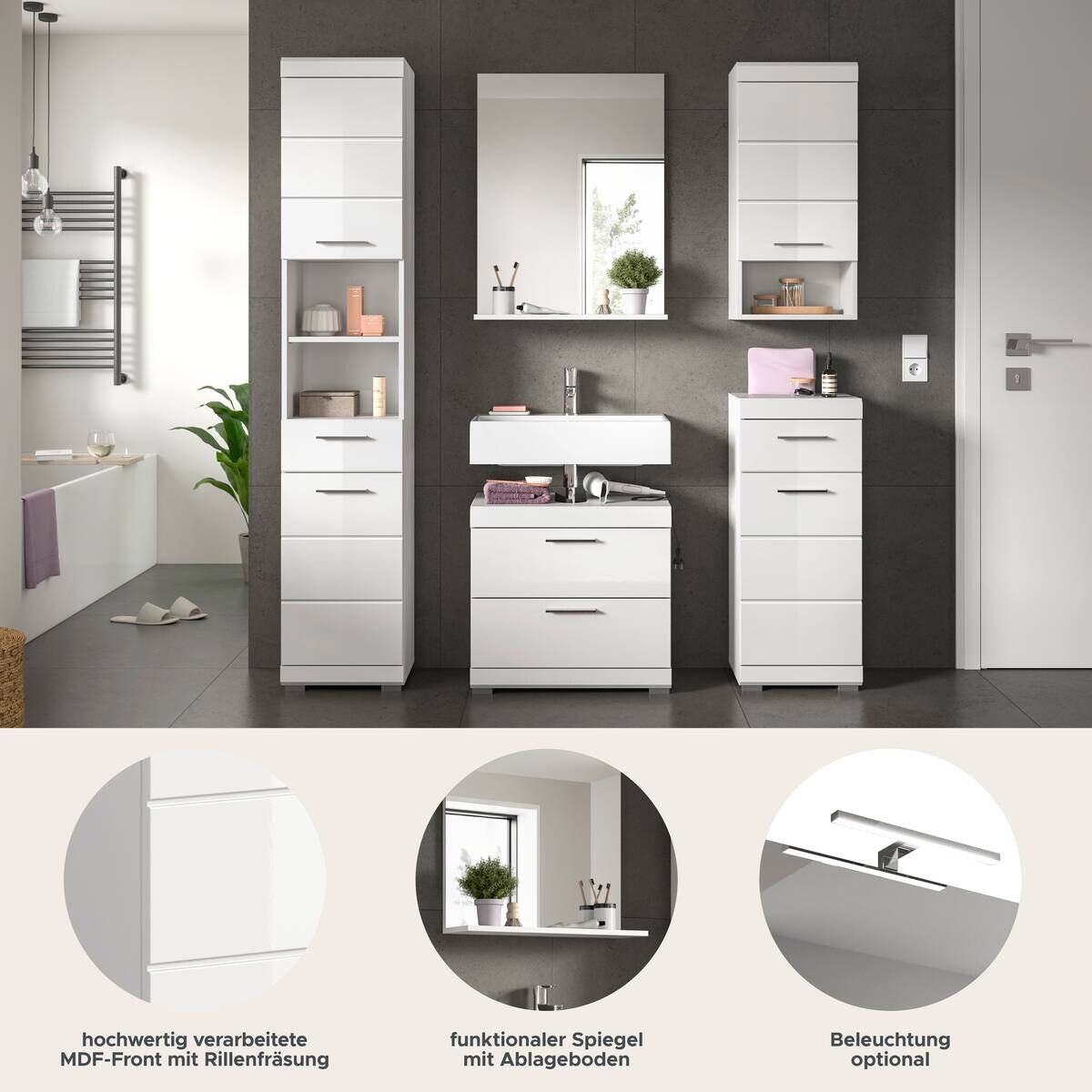 Badezimmer-Set Scout weiß weiß Hochglanz B/H/T: ca. 164x191x37 cm