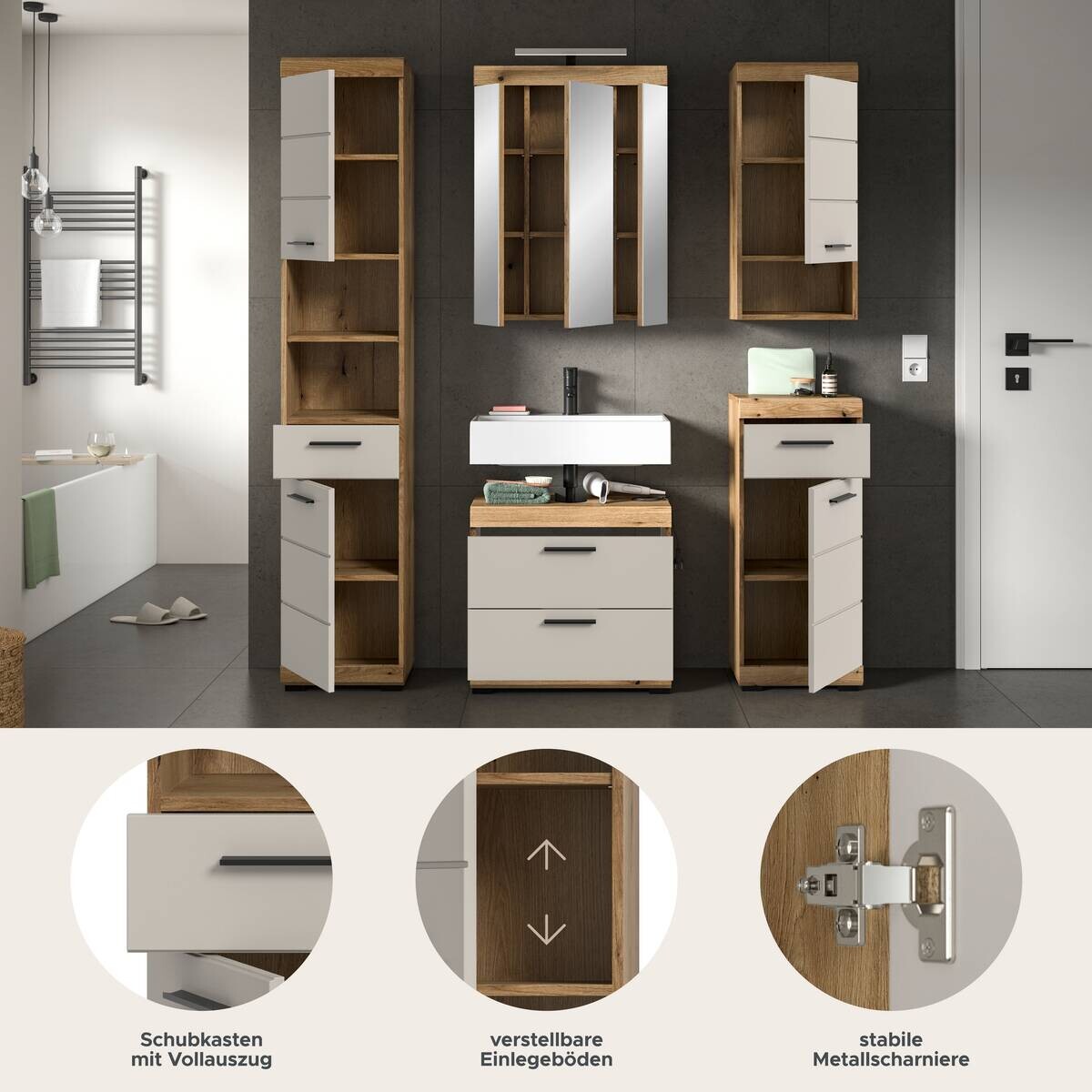 Badezimmer-Set Scout Evoke Oak Nachbildung Kaschmirgrau Nachbildung B/H/T: ca. 164x191x34 cm