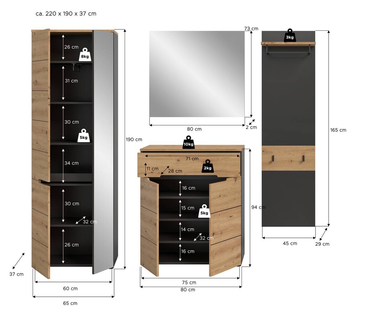 Garderobe Canu basaltgrau Nachbildung Artisan Nachbildung B/H/T: ca. 220x190x37 cm