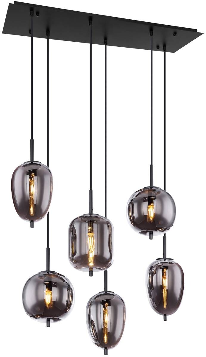 GLOBO Pendelleuchte Blacky schwarz Rauch Metall Rauchglas B/H/L: ca. 34x120x80 cm E14 6 Brennstellen