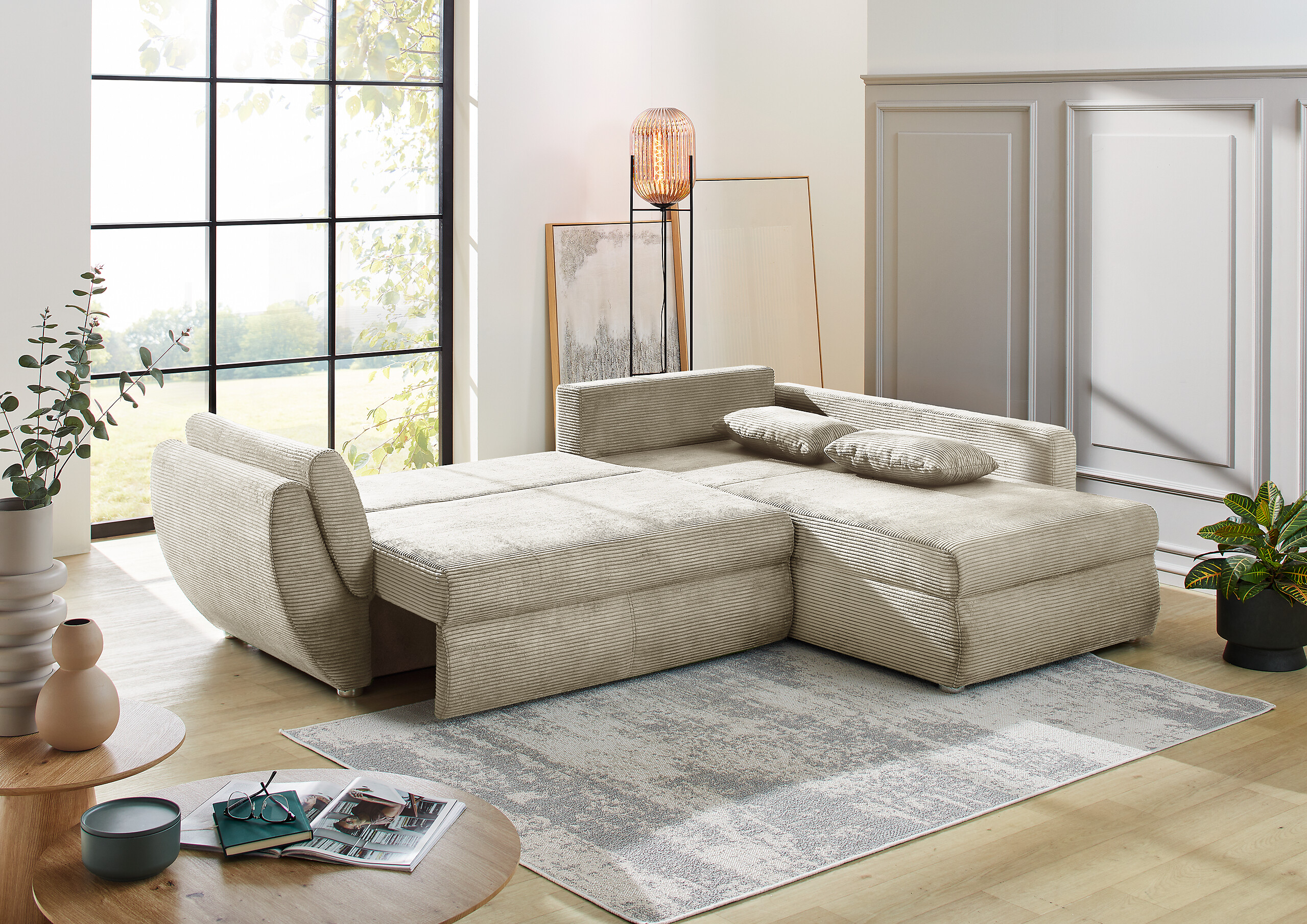 Ecksofa mit Bettfunktion und Bettkasten Greige Microfaser B/H/T: ca. 272x88x200 cm