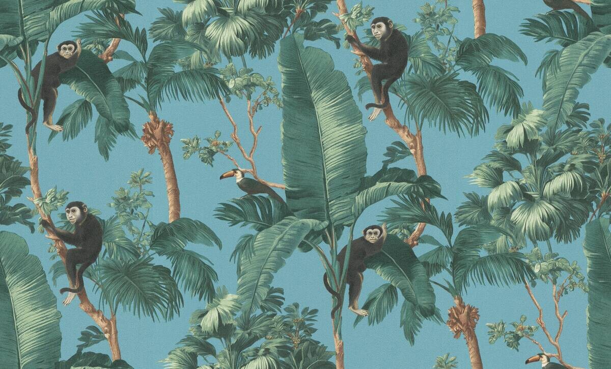 Vliestapete Palmen mit Affen grün türkis B/L: ca. 53x1005 cm