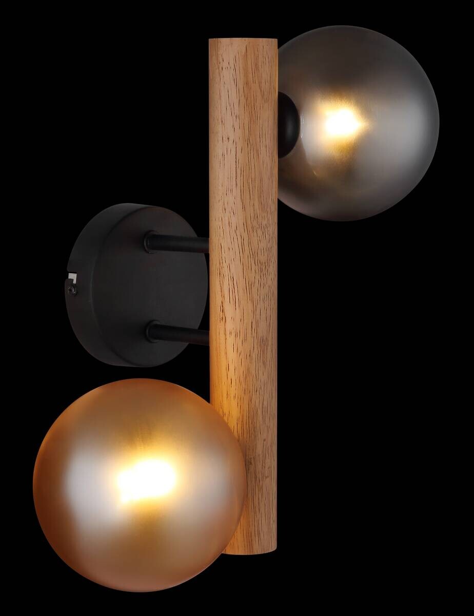 GLOBO LED-Wandleuchte Rauch dunkelbraun amber Metall Holz Glas H/L: ca. 16,5x32 cm 2 Brennstellen