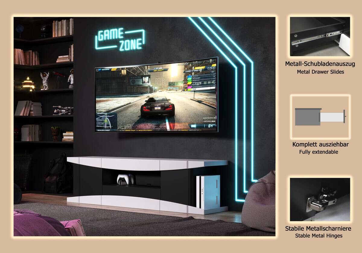 TV-Lowboard LevelUp Gaming weiß Lack matt schwarz Lack matt B/H/T: ca. 180x54x42 cm