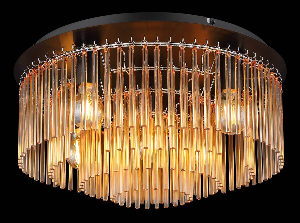 GLOBO Deckenleuchte amber Chrom mattschwarz Metall Glas H/D: ca. 25x50 cm E27 5 Brennstellen