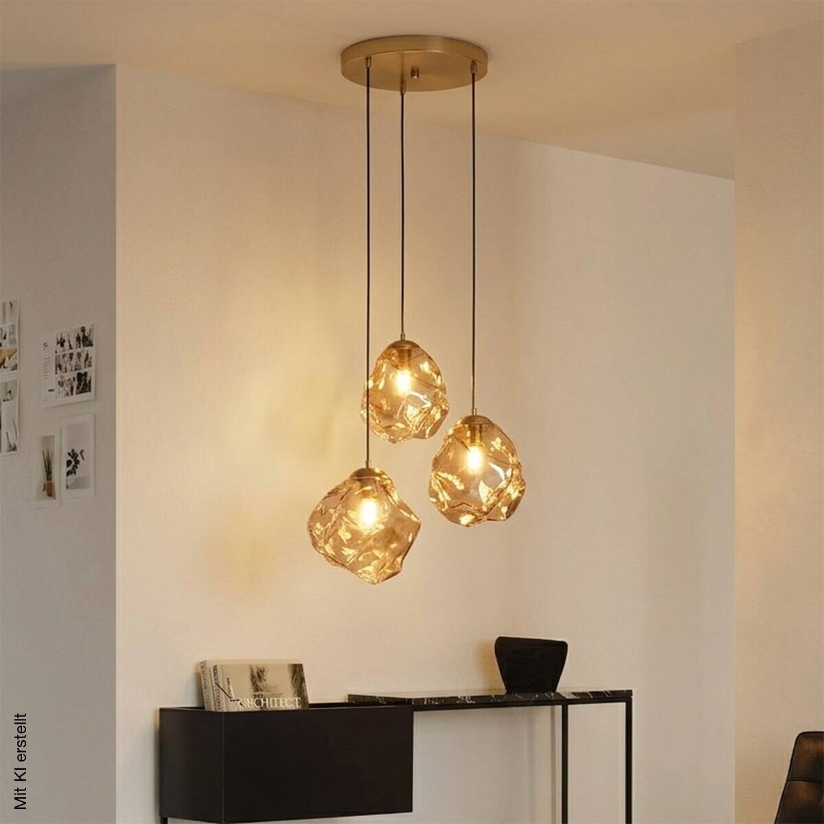 Lamkur Pendelleuchte weiß amber Stahl Glas B/H/L: ca. 47x120x47 cm E14 3 Brennstellen