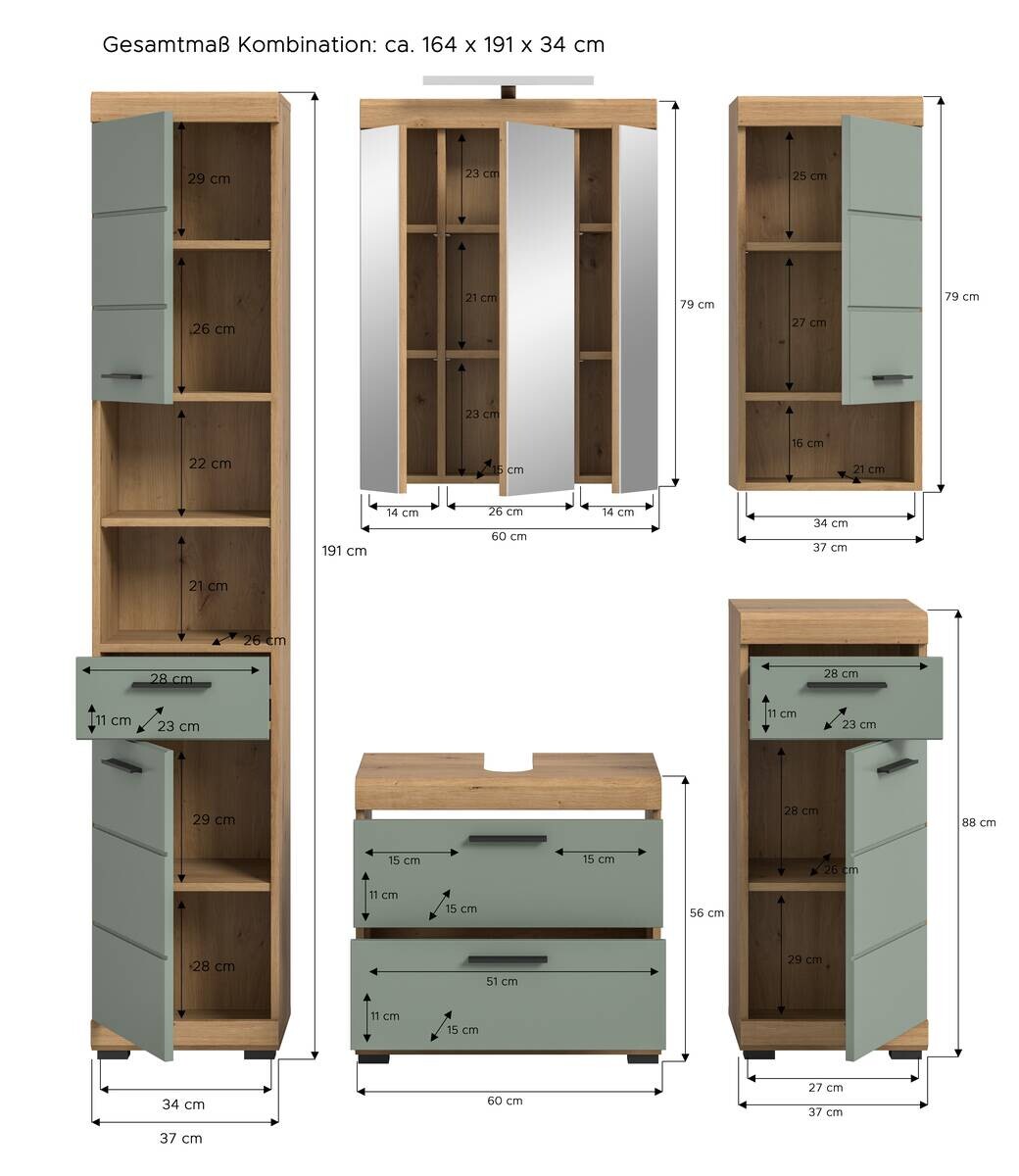Badezimmer-Set Scout Eiche Artisan Nachbildung salbei Nachbildung B/H/T: ca. 164x191x37 cm
