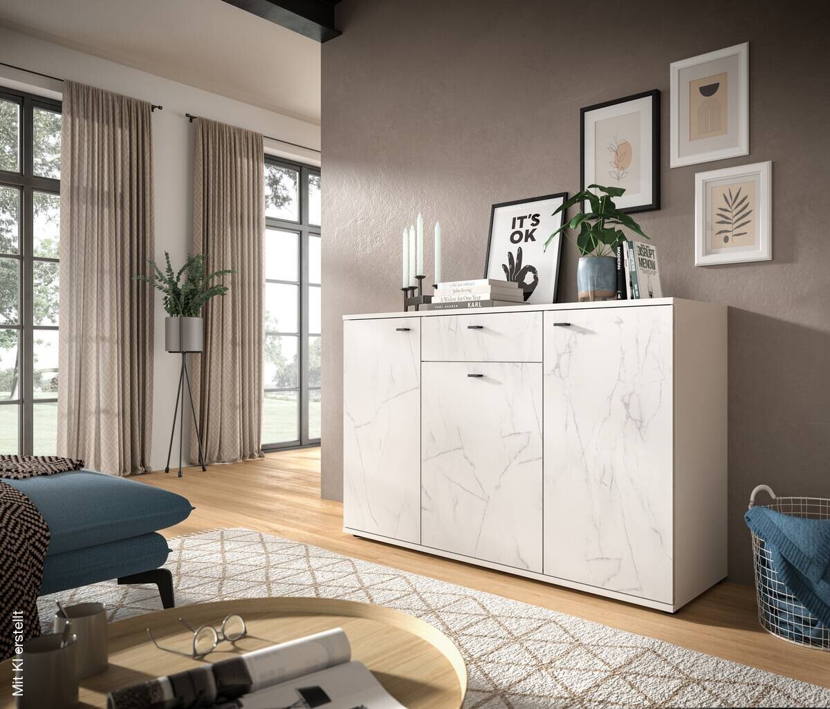 Sideboard Stone weiß Marmoroptik B/H/T: ca. 139x88x41 cm