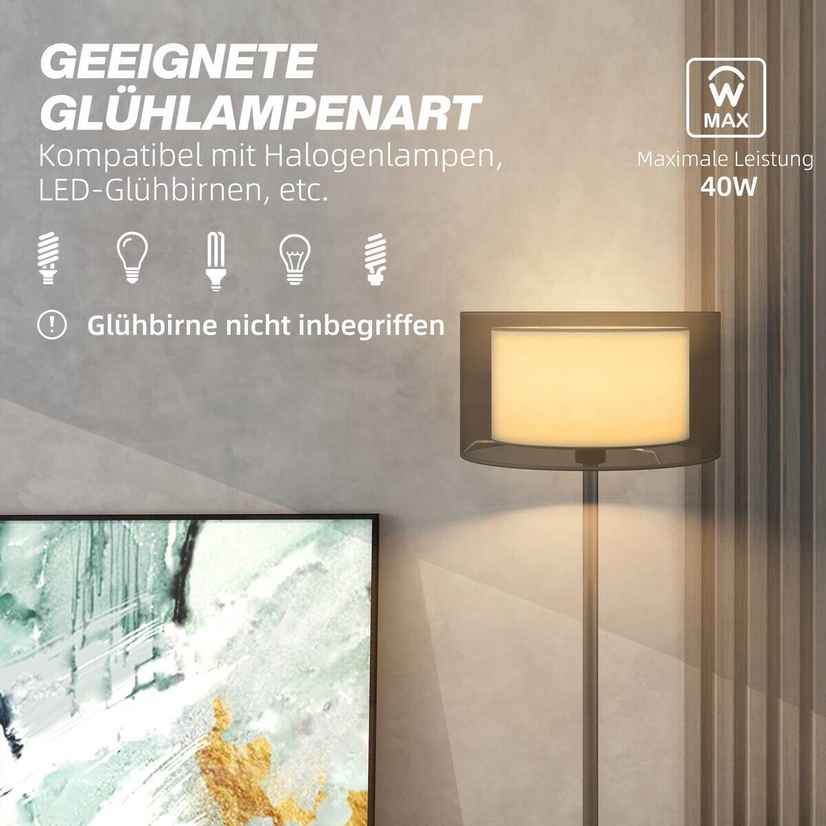 HOMCOM Stehleuchte weiß schwarz Stoff Metall B/H/L: ca. 33x152,5x33 cm E27 1 Brennstellen