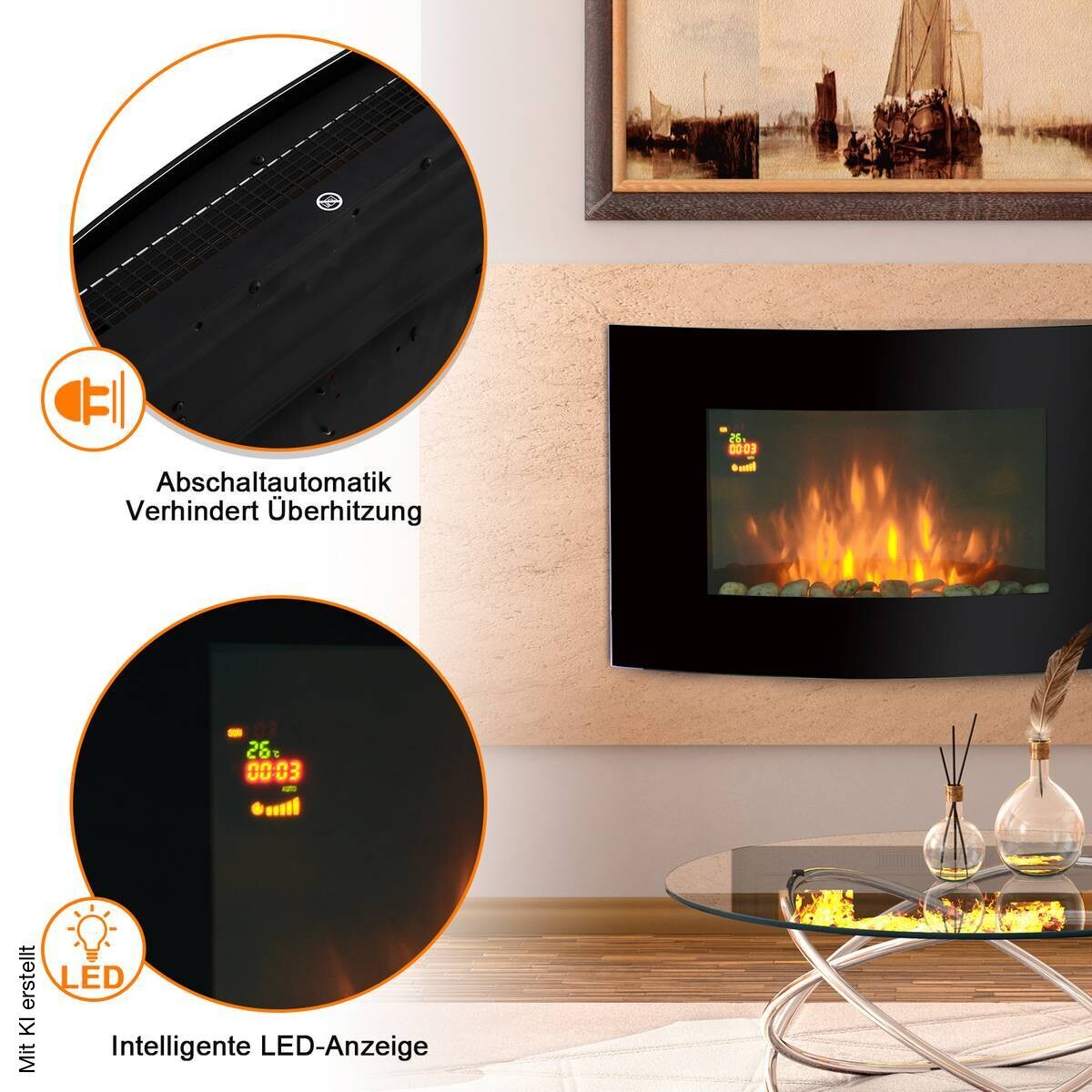 HOMCOM Elektrischer-Kamin MH820-052 schwarz Metall Glas B/H/T: ca. 88,5x56x13,5 cm ca. 2000 W