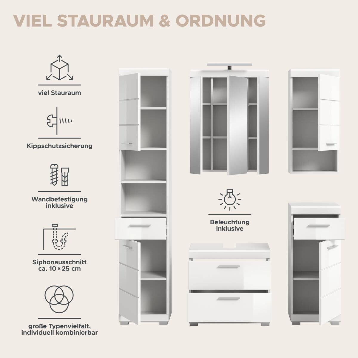 Badezimmer-Set Scout weiß weiß Hochglanz B/H/T: ca. 164x191x37 cm